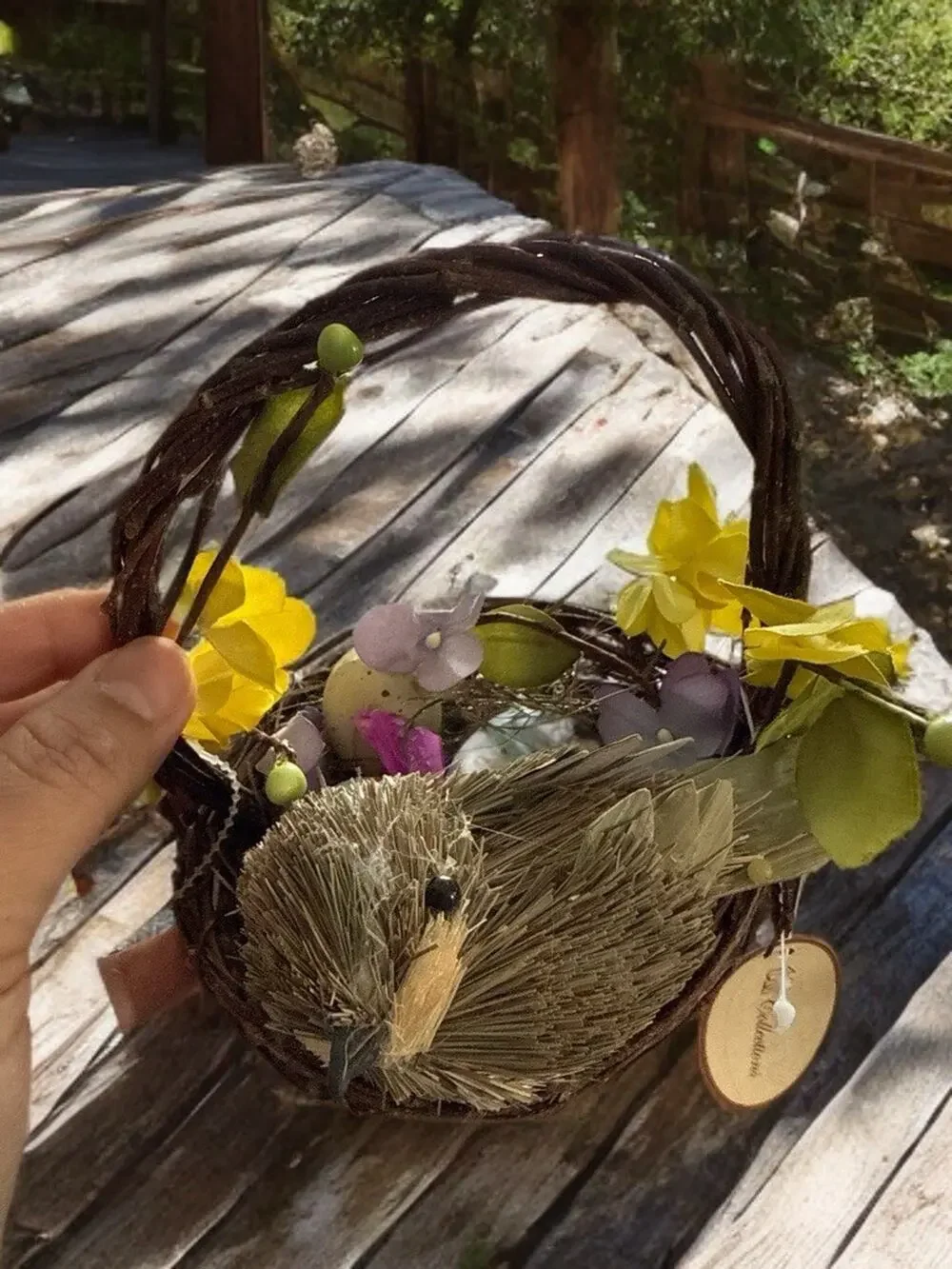 Handmade Wicker Basket with Artificial Flowers, Bird, Eggs - Spring Easter 5x4”